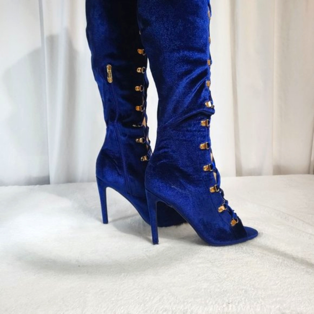 * Cape Robbin Navy Blue Satin Lace Up High Heel Thigh Boots - Picture 10 of 11